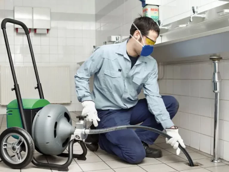 Técnico desentupidor desentupindo ralo interno na cozinha