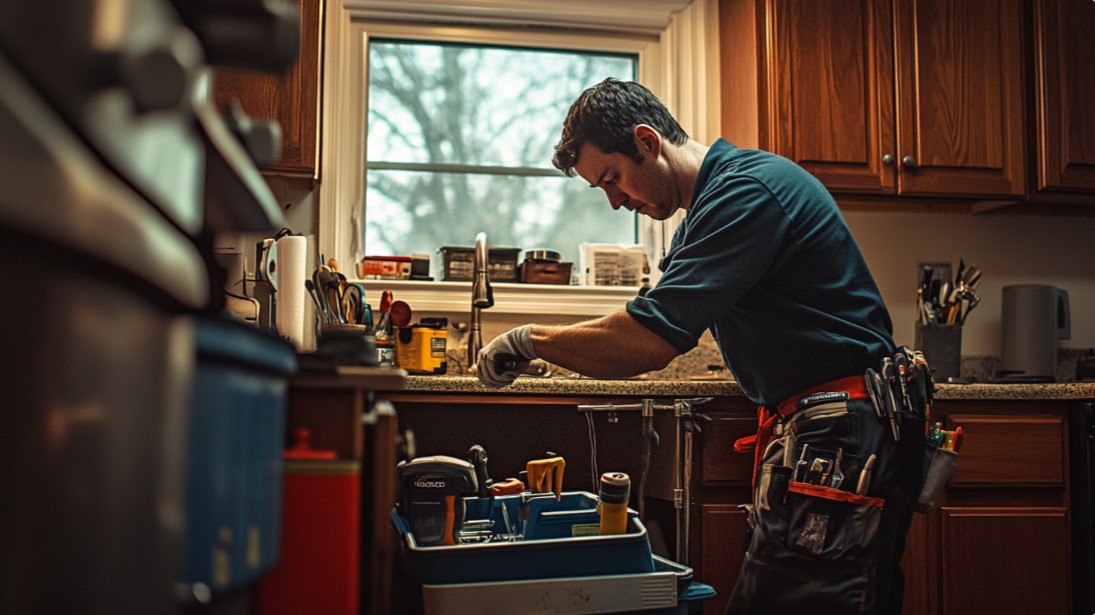 Técnico encanador desentupindo uma pia de cozinha