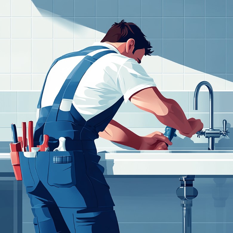 Ilustração de um técnico desentupidor desentupindo uma pia de cozinha