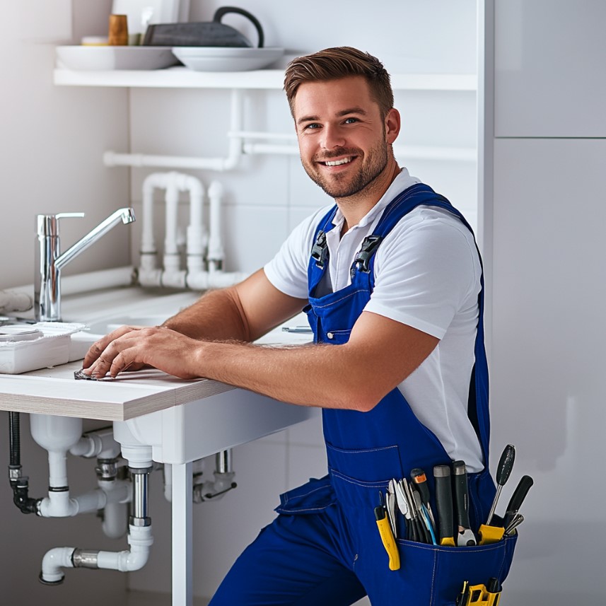 Técnico desentupidor sorrindo após desentupimento de pia